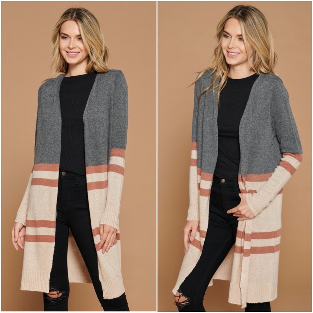 Charcoal Color block cashmere blend long cardigan Work Office - Picture 2 of 5